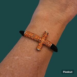 3/$30 Orange Paved Rhinestone Cross Macrame Adjustable Slide Bracelet